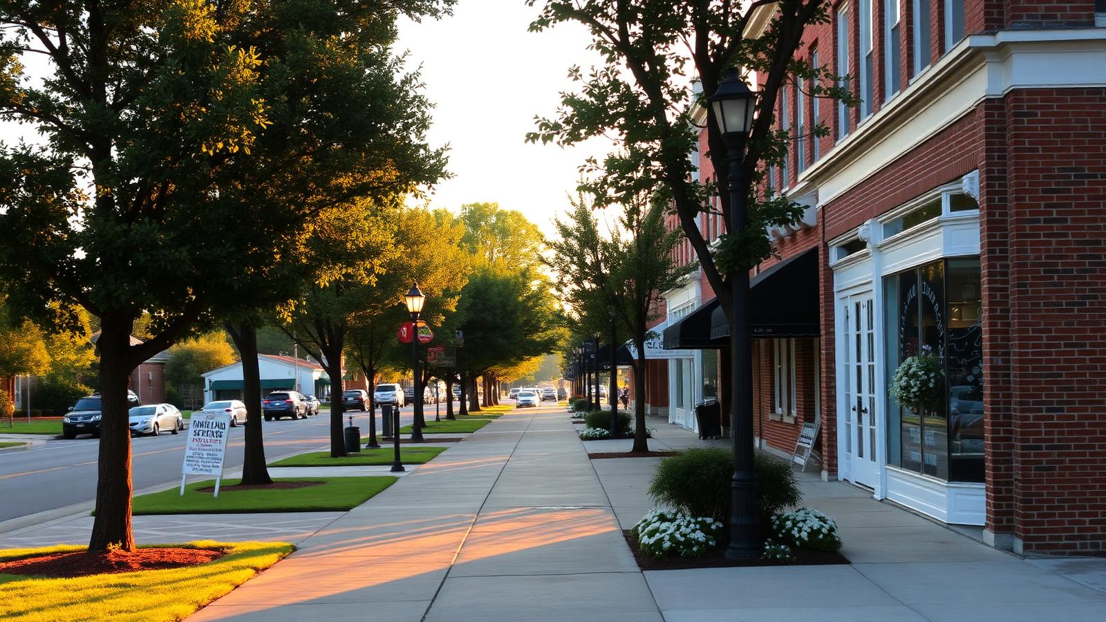 Charming Main Street in Eastern North Carolina at golden hour